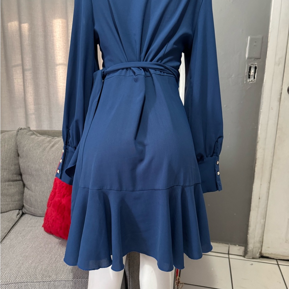 Blue Long-Sleeve Wrap Ruffle Dress - Picture 6 of 7